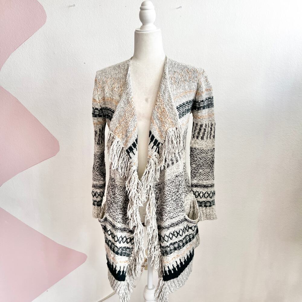 Cabi Fringe Cardigan XXS Open Front Knit Boho Chic Artsy Cottagecore